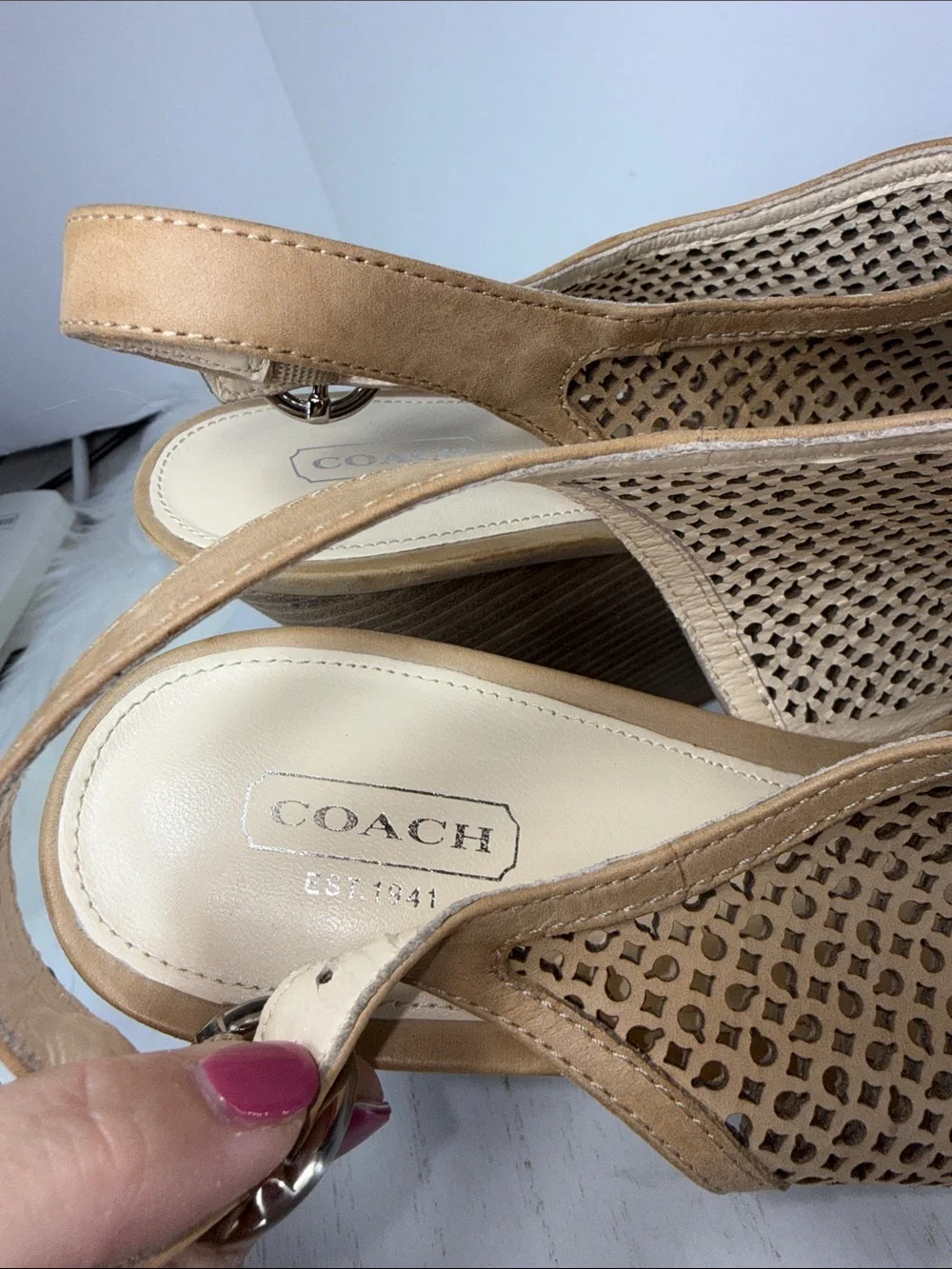 Coach Tan Perforated Leather Slingback Wedge Sandals